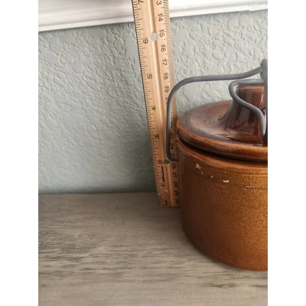 Vintage Brown Glazed Stoneware Cheese/Butter Crock with Bail Clamp Lid - 5 